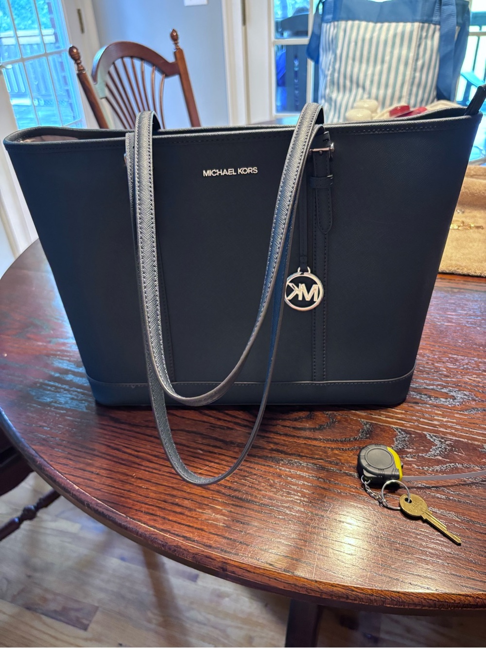 Michael Kors blue Leather Tote with Gold MK Charm